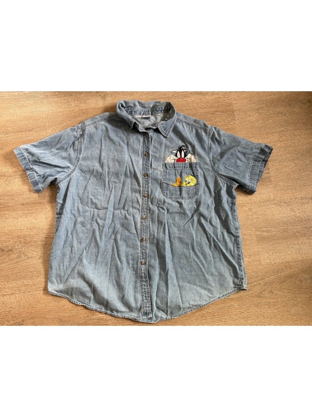 Vintage 1998 Looney Tunes Sylvester Tweety Denim Shirt Light Wash Womens Large